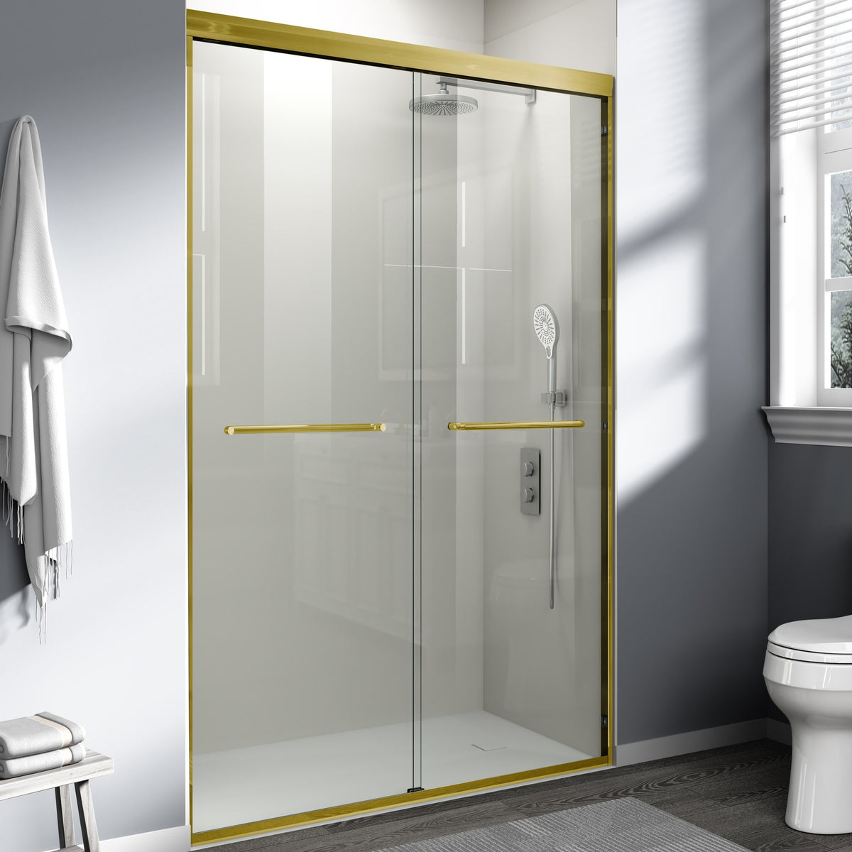 44-48 in. W x 72 in. H Double Sliding Shower Door, Semi-frameless Bathroom Sliding Door with 1/4" (6mm) Tempered Glass for Walk-in Shower, Brushed Gold CM-24D03-48BGX