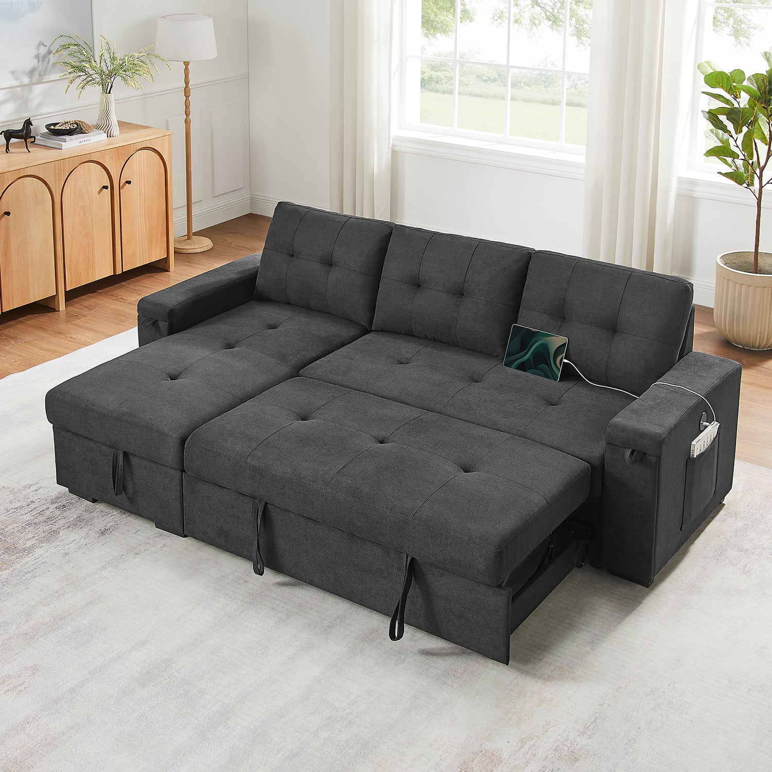 Toby 95-inch Black Woven Fabric Reversible Sleeper Sectional Sofa with Storage Chaise – L-Shaped Pull-Out Bed, Cup Holders, USB/USB-C Ports, Pocket Coil Seating & Space-Saving Design