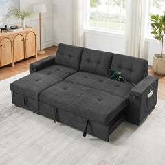 Toby 95-inch Black Woven Fabric Reversible Sleeper Sectional Sofa with Storage Chaise – L-Shaped Pull-Out Bed, Cup Holders, USB/USB-C Ports, Pocket Coil Seating & Space-Saving Design