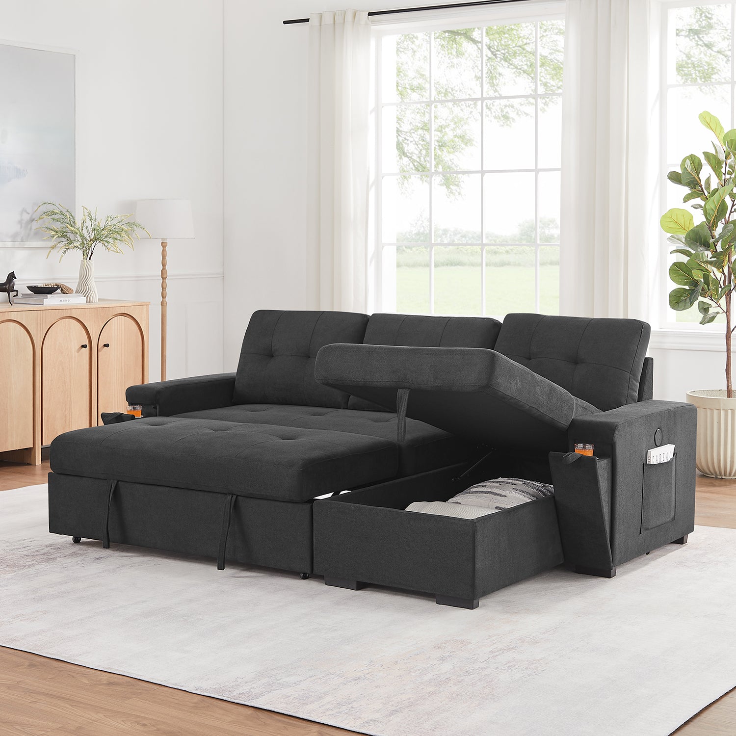 Toby 95-inch Black Woven Fabric Reversible Sleeper Sectional Sofa with Storage Chaise – L-Shaped Pull-Out Bed, Cup Holders, USB/USB-C Ports, Pocket Coil Seating & Space-Saving Design
