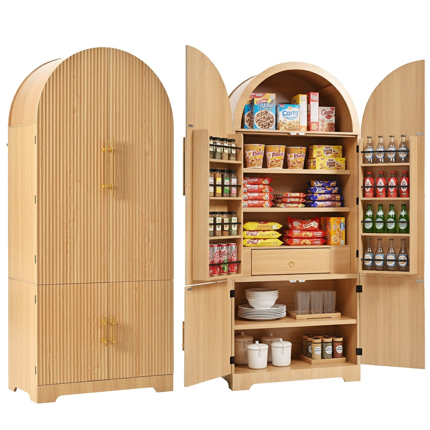 K&K 72" Tall Arched Kitchen Pantry Cabinet with 8 Door Shelves, Fluted Storage Cabinets with 3 Adjustable Shelves, Hidden Drawer, Versatile Cupboard for Kitchen, Dining & Bath Room, Natural