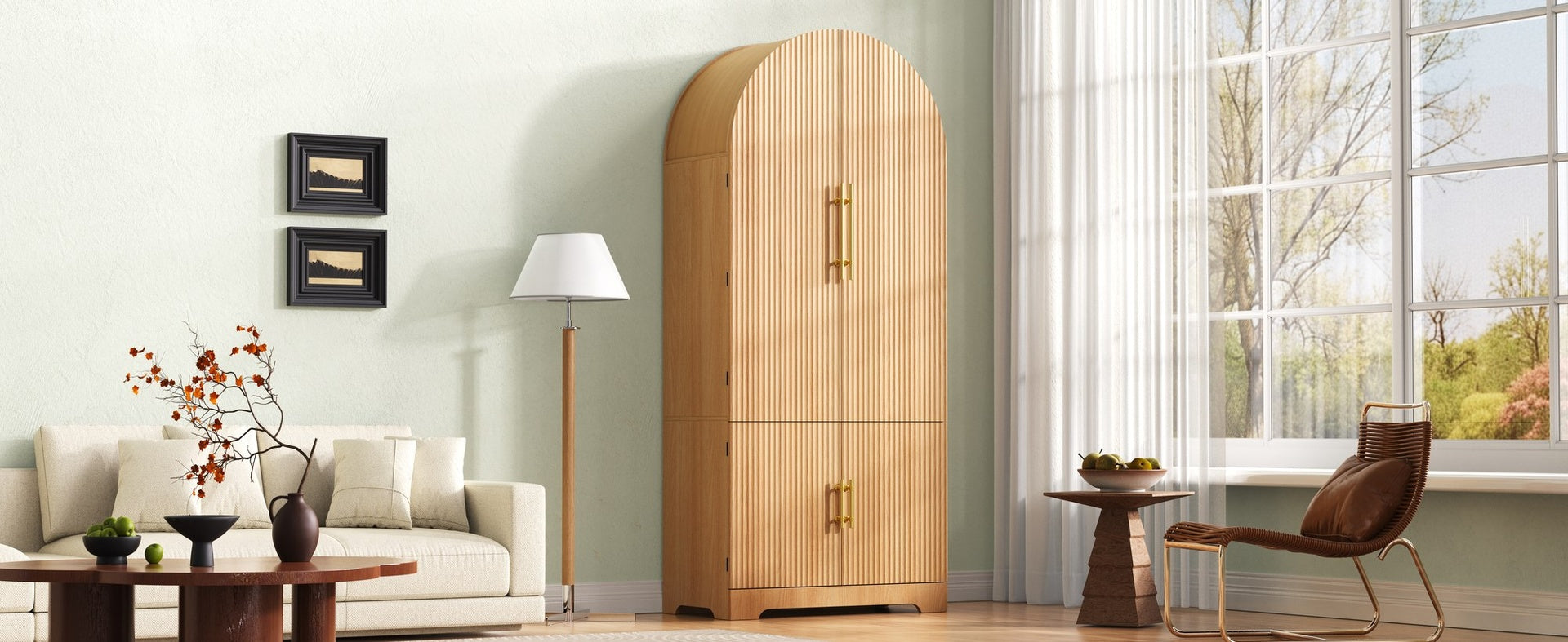 K&K 72" Tall Arched Kitchen Pantry Cabinet with 8 Door Shelves, Fluted Storage Cabinets with 3 Adjustable Shelves, Hidden Drawer, Versatile Cupboard for Kitchen, Dining & Bath Room, Natural
