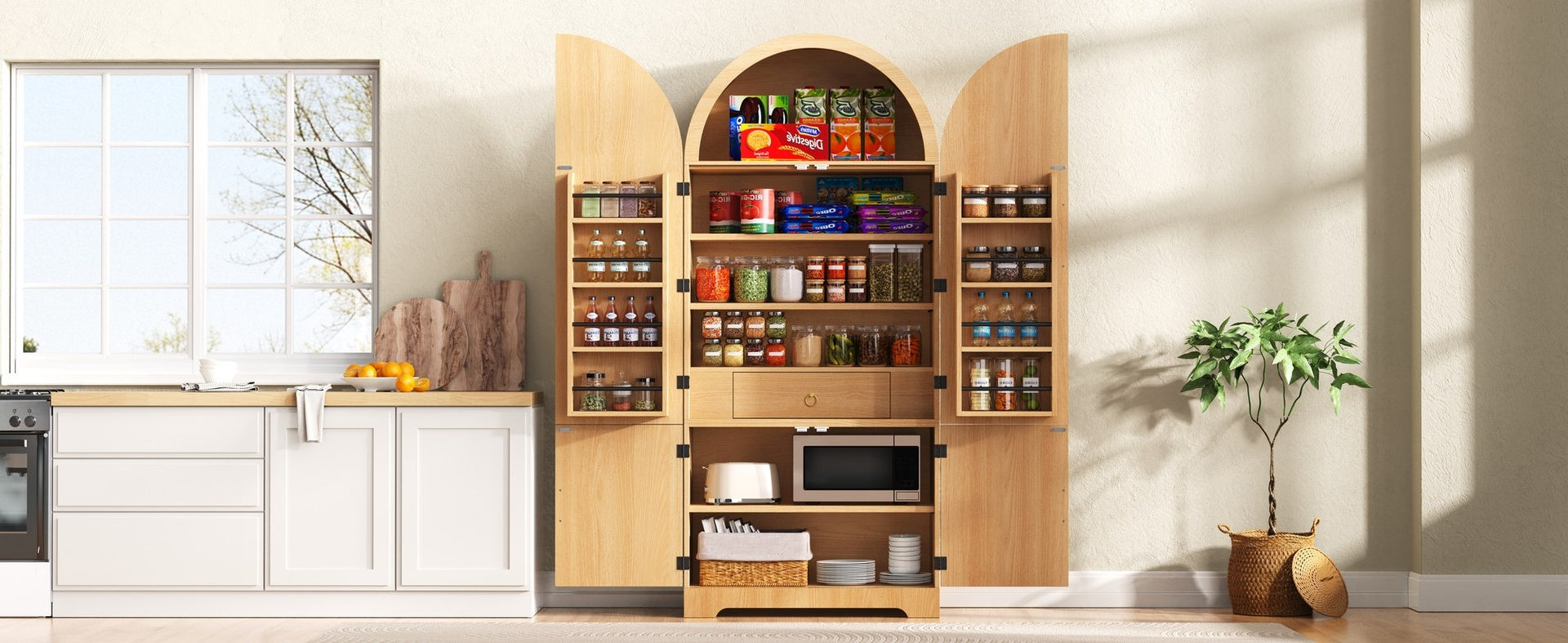K&K 72" Tall Arched Kitchen Pantry Cabinet with 8 Door Shelves, Fluted Storage Cabinets with 3 Adjustable Shelves, Hidden Drawer, Versatile Cupboard for Kitchen, Dining & Bath Room, Natural