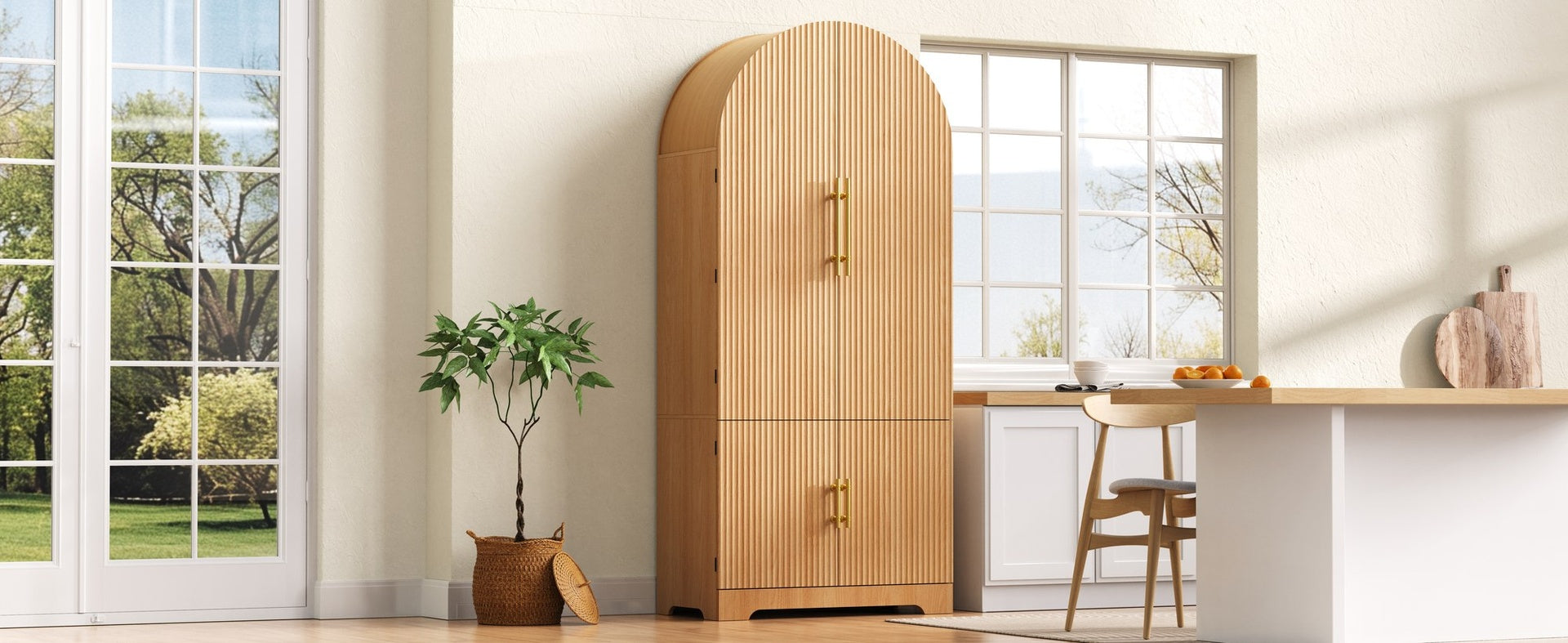 K&K 72" Tall Arched Kitchen Pantry Cabinet with 8 Door Shelves, Fluted Storage Cabinets with 3 Adjustable Shelves, Hidden Drawer, Versatile Cupboard for Kitchen, Dining & Bath Room, Natural