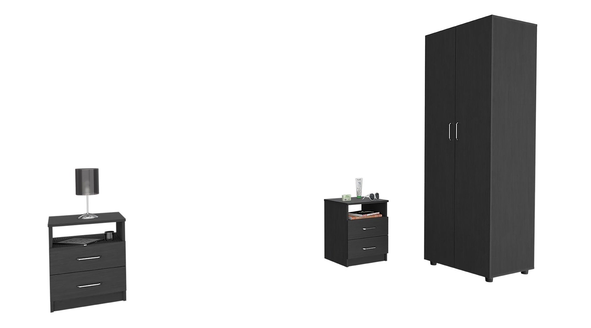 3 Piece Bedroom Set, London Armoire + Salento Nightstand + Salento Nightstand, Black
