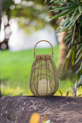 7.9x7.9x10.6" Brown Poly Rattan Lantern With White LED Candle