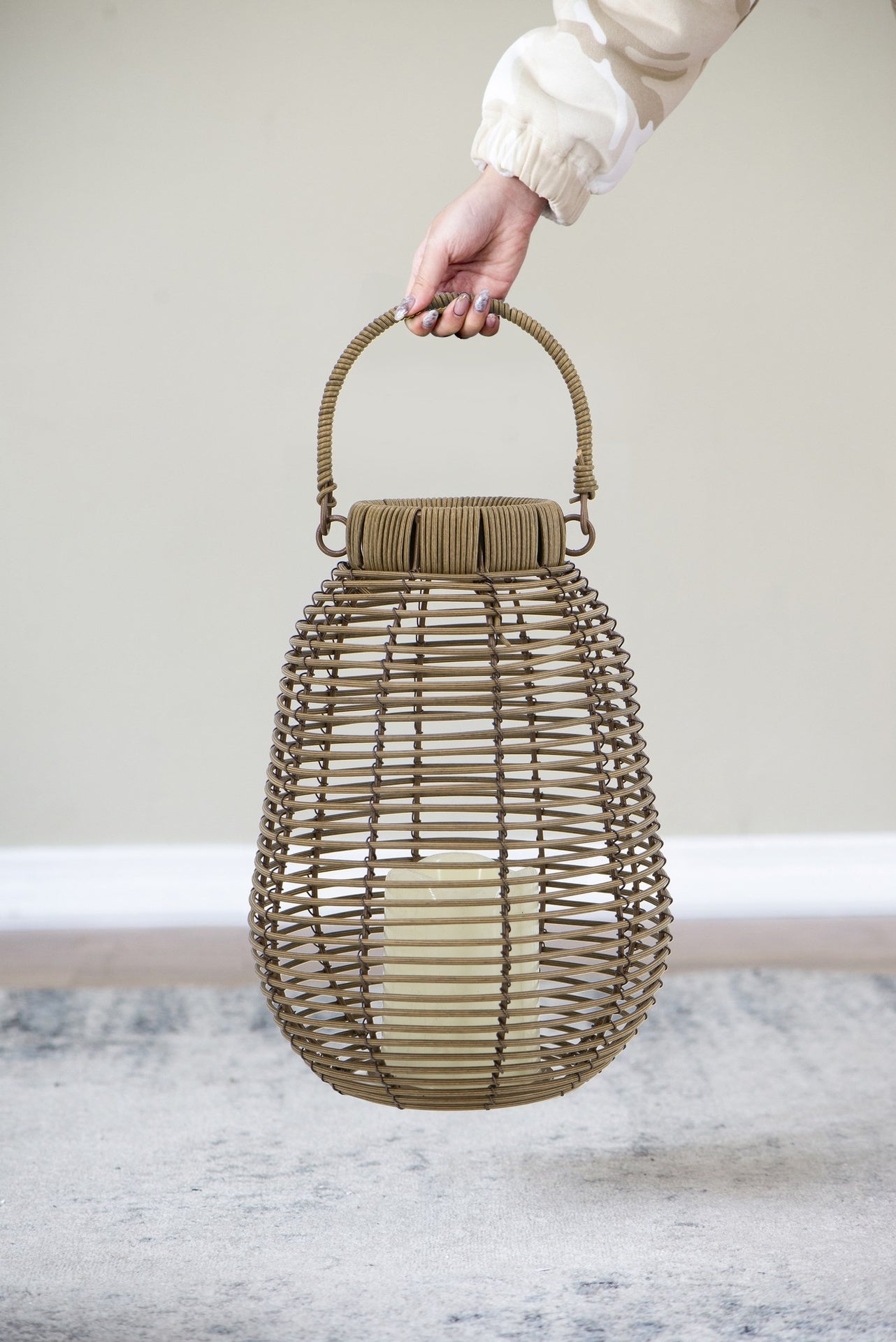 7.9x7.9x10.6" Brown Poly Rattan Lantern With White LED Candle