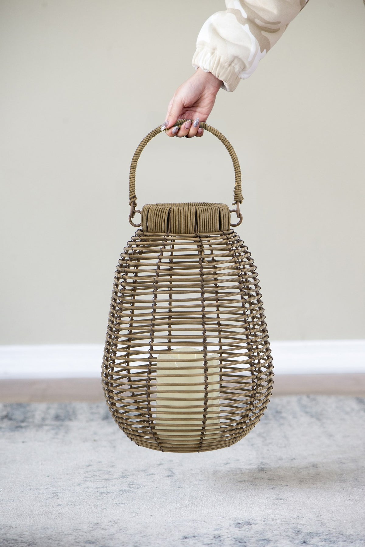 7.9x7.9x10.6" Brown Poly Rattan Lantern With White LED Candle