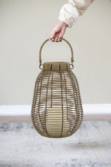 7.9x7.9x10.6" Brown Poly Rattan Lantern With White LED Candle