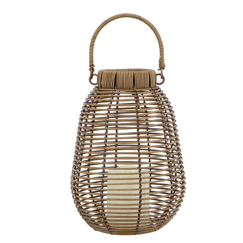 7.9x7.9x10.6" Brown Poly Rattan Lantern With White LED Candle