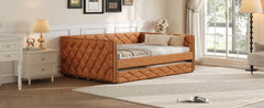 Full XL Size Upholstered Daybed with Trundle and LED, Brown