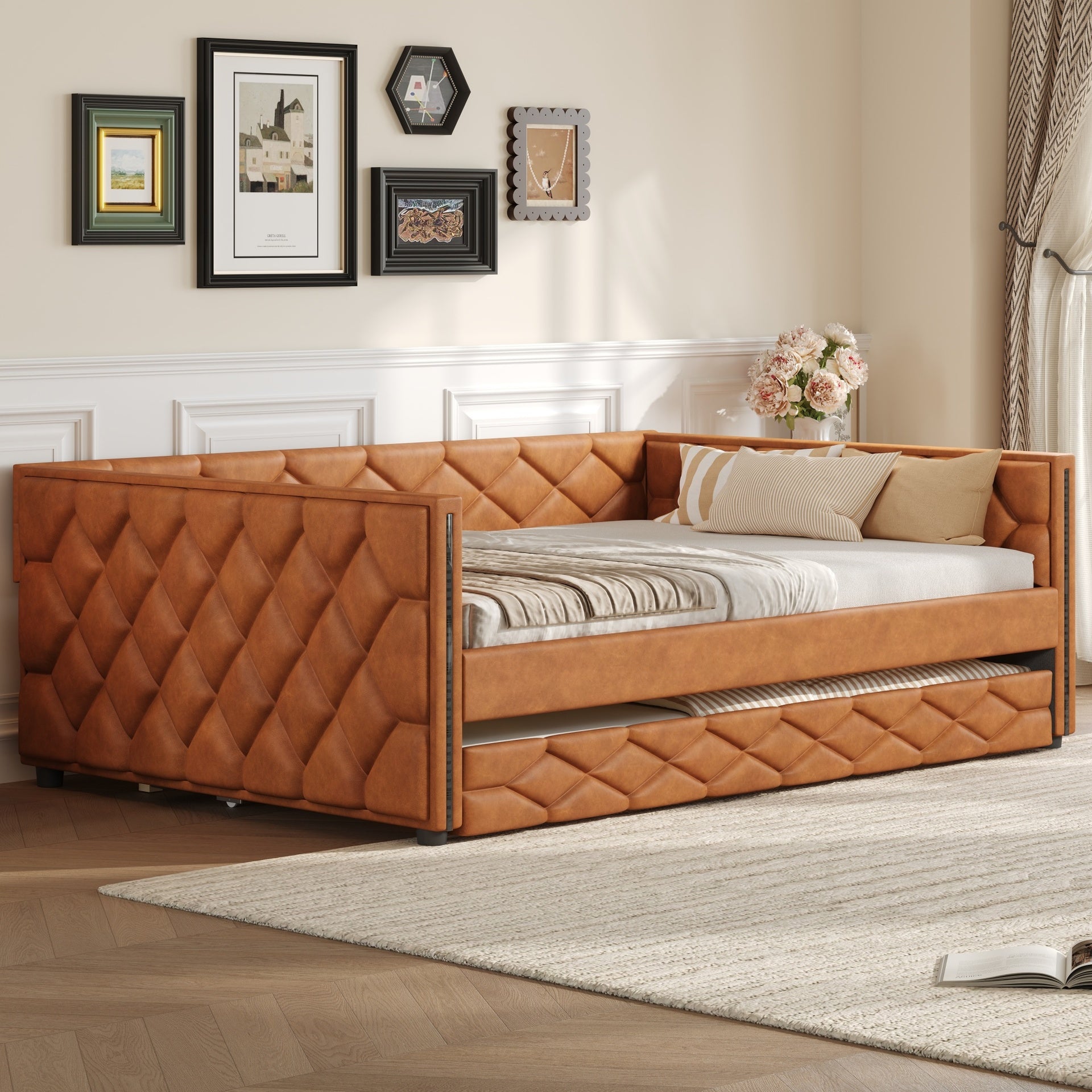 Full XL Size Upholstered Daybed with Trundle and LED, Brown