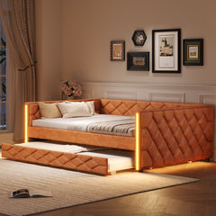 Full XL Size Upholstered Daybed with Trundle and LED, Brown