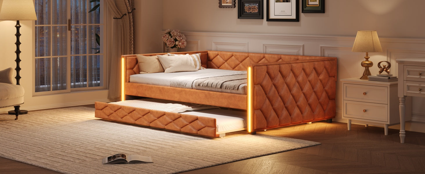 Full XL Size Upholstered Daybed with Trundle and LED, Brown