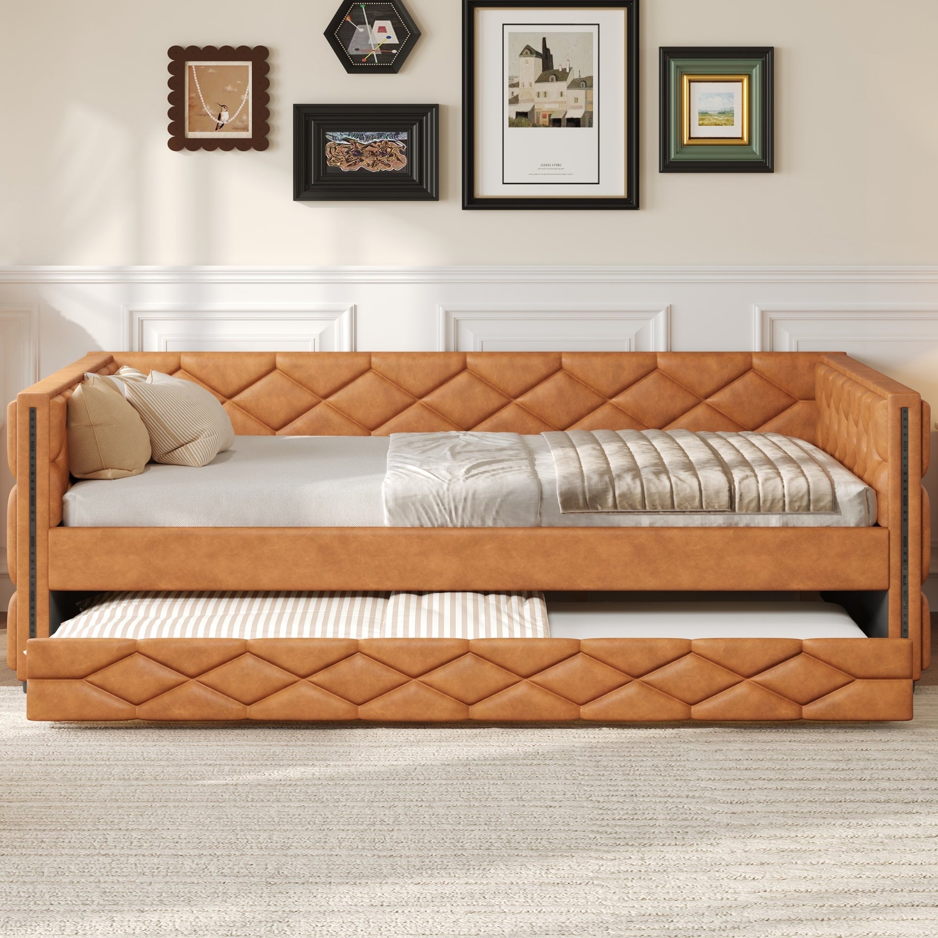 Full XL Size Upholstered Daybed with Trundle and LED, Brown