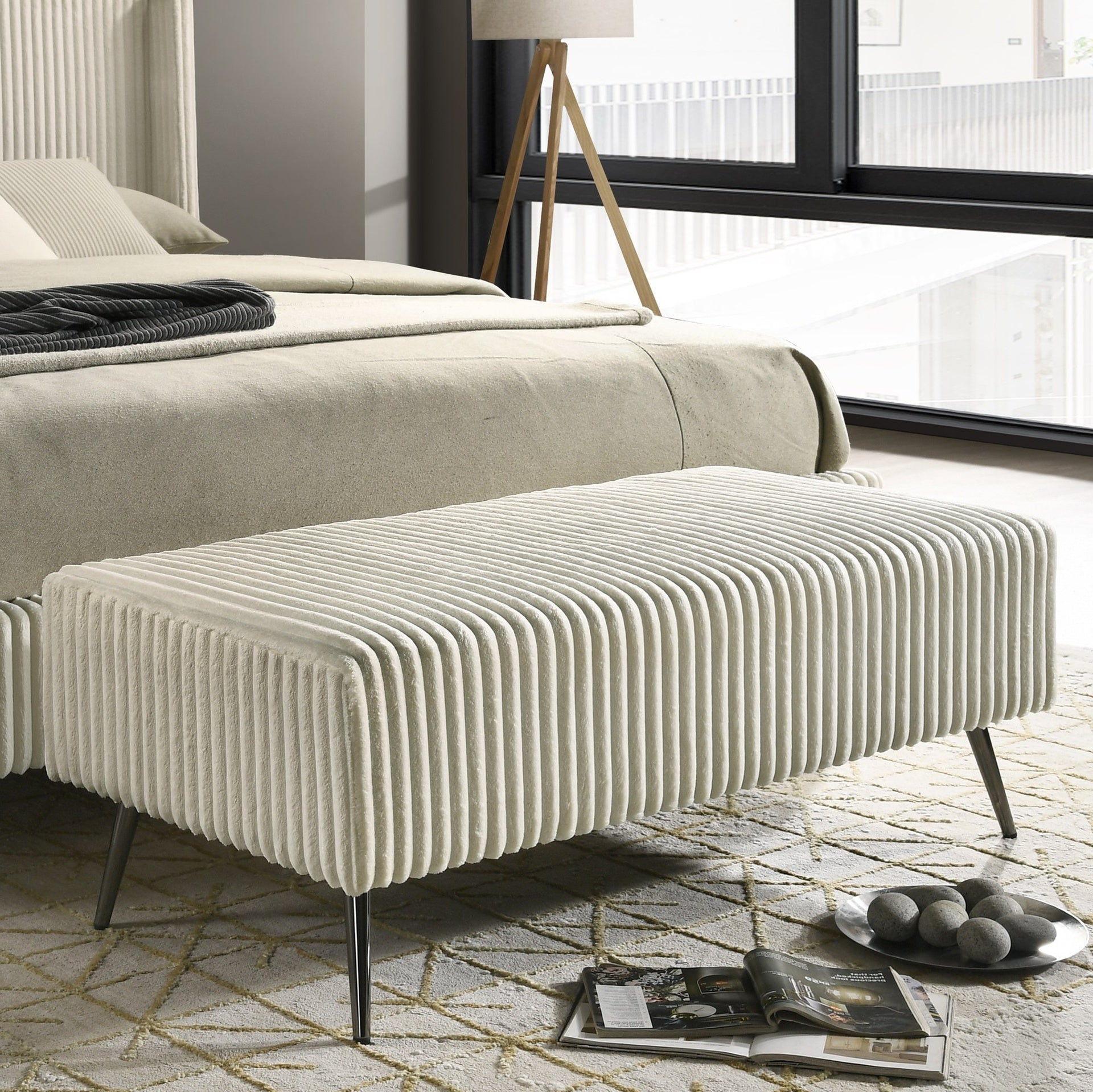 Mavela Wide Wale Corduroy Upholstery Bench, Cream