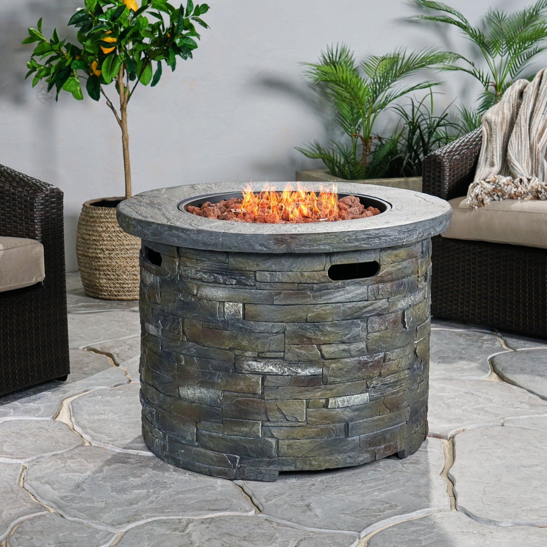 Outdoor 35" Lightweight Concrete Round Propane Fire Pit -  40,000 BTU, Natural Stone (Tank Inside)