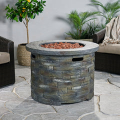 Outdoor 35" Lightweight Concrete Round Propane Fire Pit -  40,000 BTU, Natural Stone (Tank Inside)