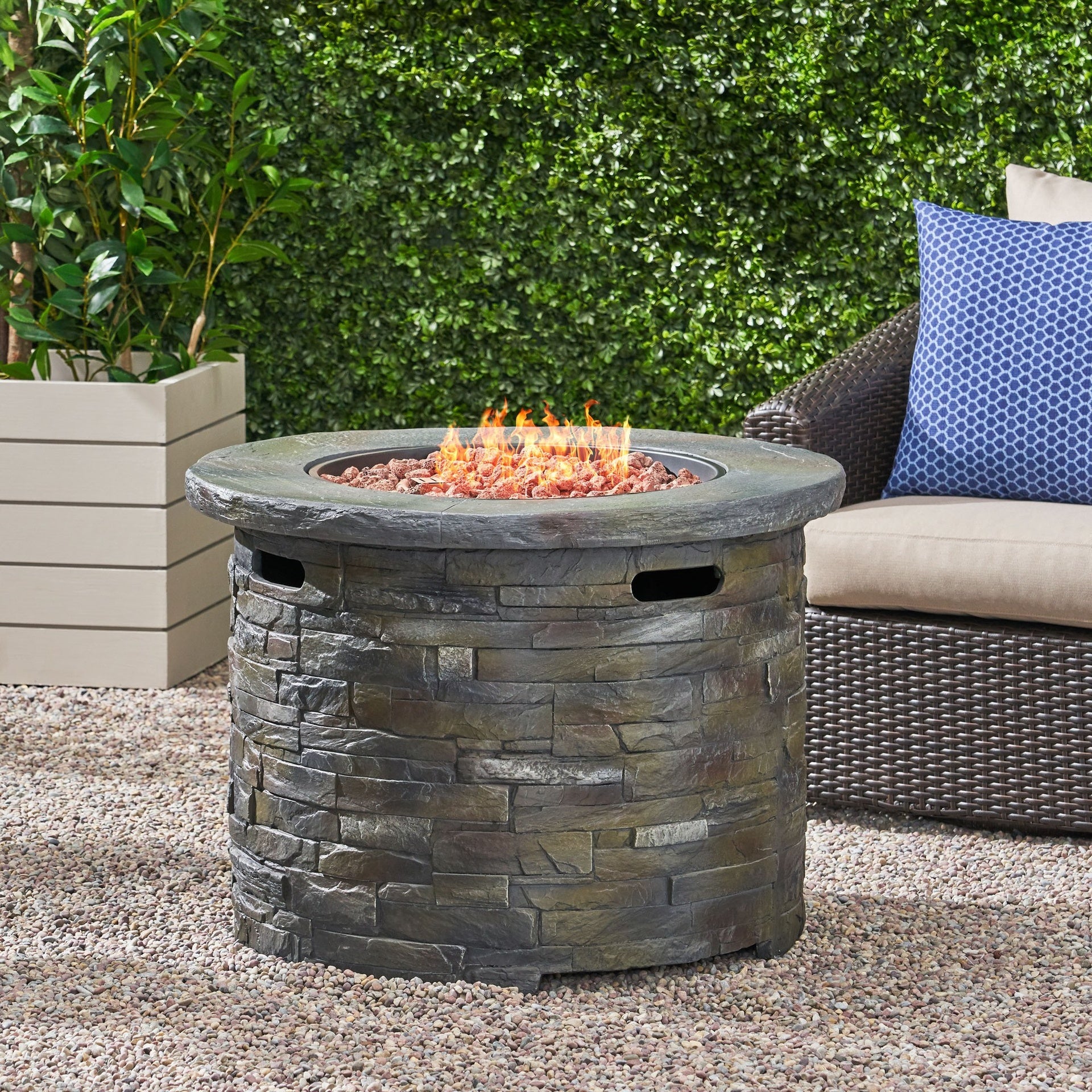 Outdoor 35" Lightweight Concrete Round Propane Fire Pit -  40,000 BTU, Natural Stone (Tank Inside)