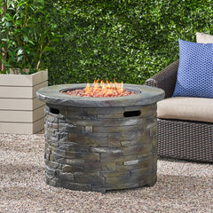 Outdoor 35" Lightweight Concrete Round Propane Fire Pit -  40,000 BTU, Natural Stone (Tank Inside)