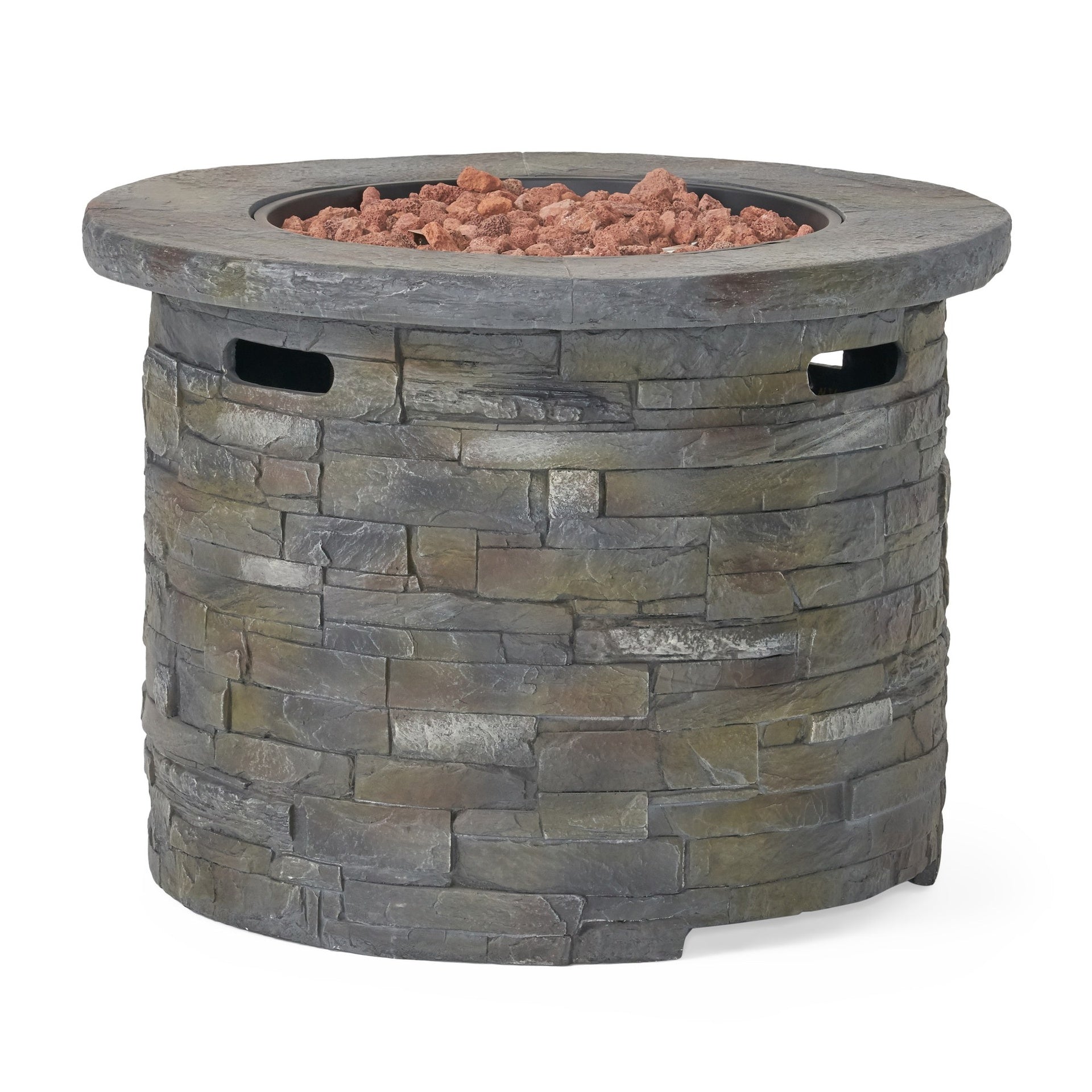 Outdoor 35" Lightweight Concrete Round Propane Fire Pit -  40,000 BTU, Natural Stone (Tank Inside)