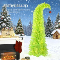 72 INCH Whimsical Christmas Tree, Pencil Xmas Tree with Red Ball, Metal Base, Prelit with 230 LED Lights