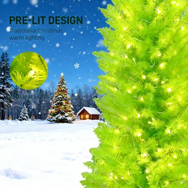 72 INCH Whimsical Christmas Tree, Pencil Xmas Tree with Red Ball, Metal Base, Prelit with 230 LED Lights