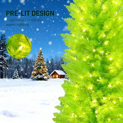 72 INCH Whimsical Christmas Tree, Pencil Xmas Tree with Red Ball, Metal Base, Prelit with 230 LED Lights