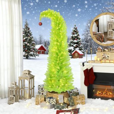 72 INCH Whimsical Christmas Tree, Pencil Xmas Tree with Red Ball, Metal Base, Prelit with 230 LED Lights