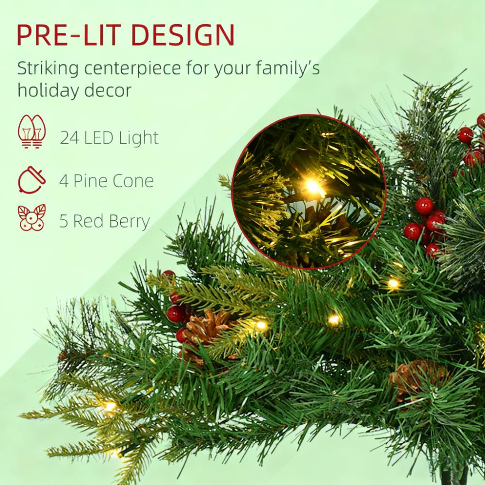 Artificial Christmas Tree Cordless with Warm White LED Lights, Red Berries, Pine Cones, for Outdoor Entryway