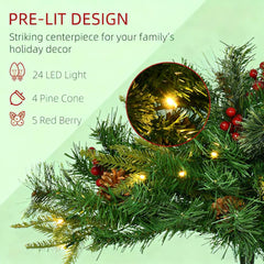 Artificial Christmas Tree Cordless with Warm White LED Lights, Red Berries, Pine Cones, for Outdoor Entryway