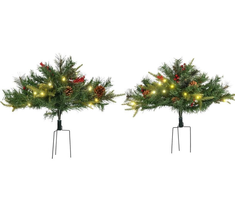 Artificial Christmas Tree Cordless with Warm White LED Lights, Red Berries, Pine Cones, for Outdoor Entryway