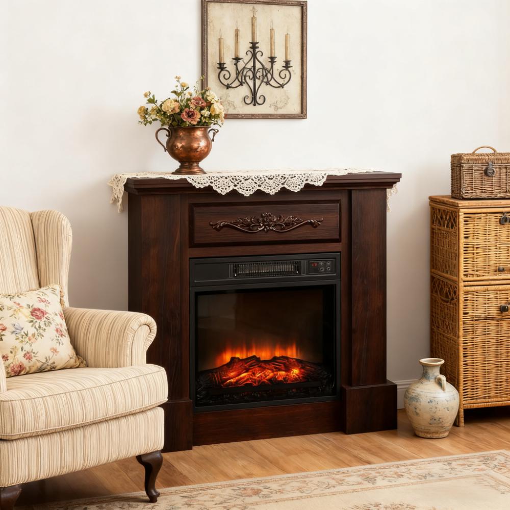 Freestanding Heater with LED Log Flame,Electric Fireplace with Mantel,Overheat Protection and Remote Control