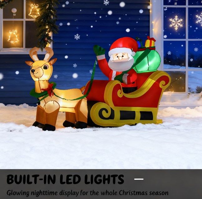 Outdoor Blow-Up Yard Decoration with LED Lights Display,Long Christmas Inflatable Santa Claus with Sleigh and Reindeer