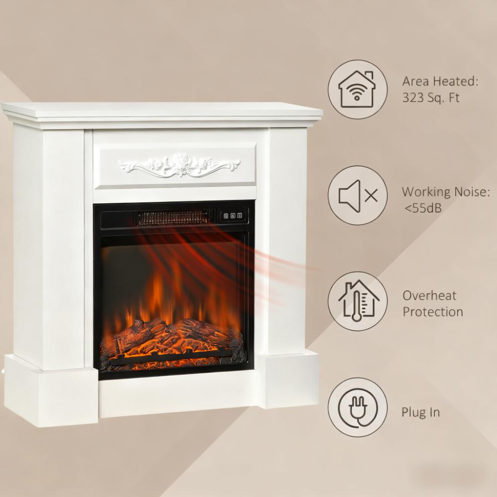 Elegant Electric Fireplace with Floral Carving - Realistic Flame Effect Heater for Cozy Room Ambiance
