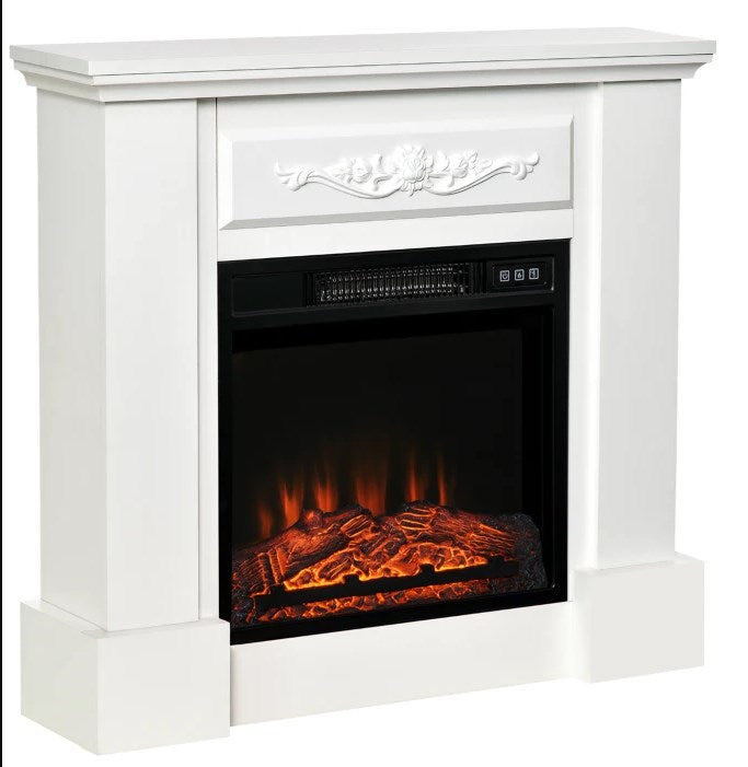 Elegant Electric Fireplace with Floral Carving - Realistic Flame Effect Heater for Cozy Room Ambiance