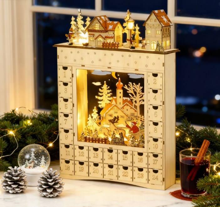 Christmas Advent Calendar,Countdown to Christmas Table Decoration with Lights, Battery Operated