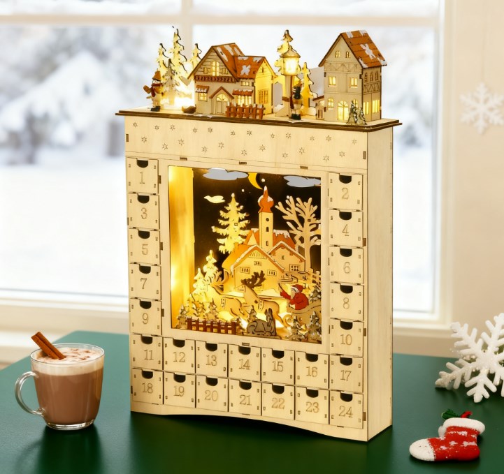 Christmas Advent Calendar,Countdown to Christmas Table Decoration with Lights, Battery Operated