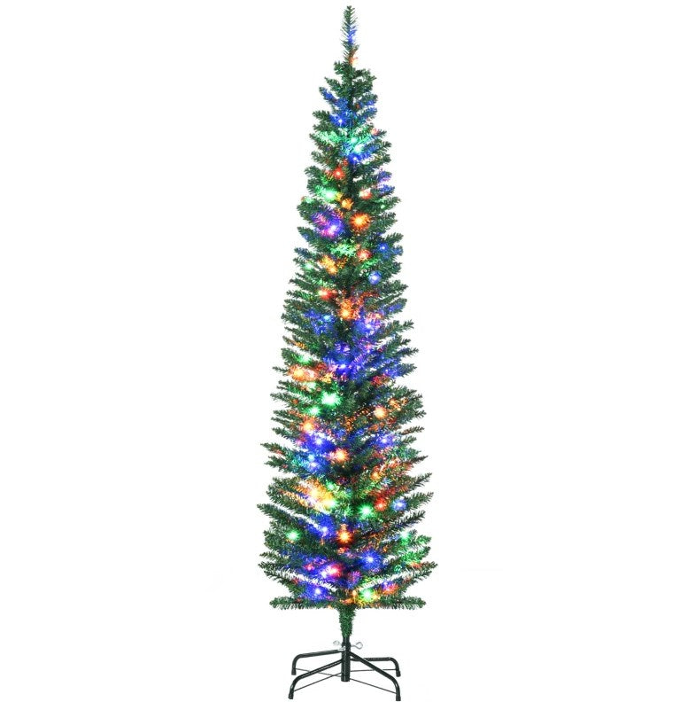 Skinny Shape Artificial Pencil Christmas Trees Holiday Decoration with Colorful LED Lights, Steel Base