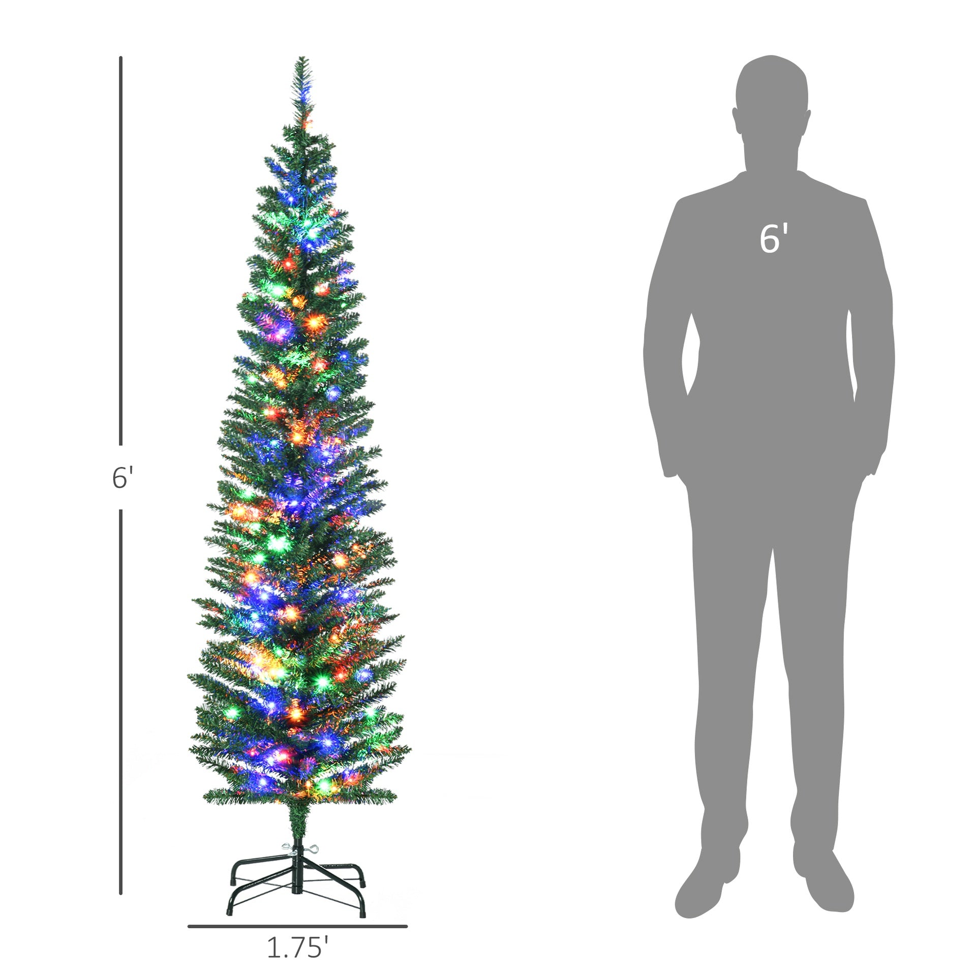 Skinny Shape Artificial Pencil Christmas Trees Holiday Decoration with Colorful LED Lights, Steel Base