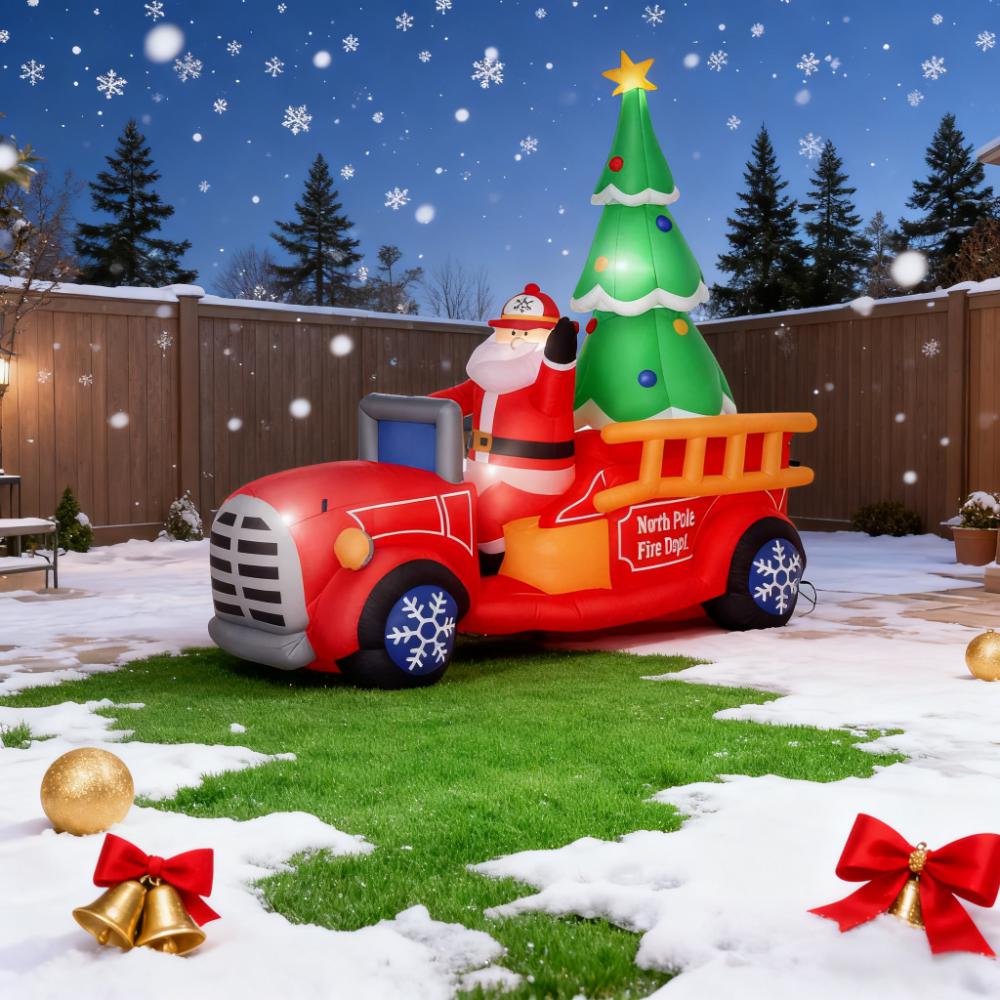 Inflatable Santa Truck with Lit Christmas Tree – Eye-Catching Outdoor Christmas Decor for Your Yard