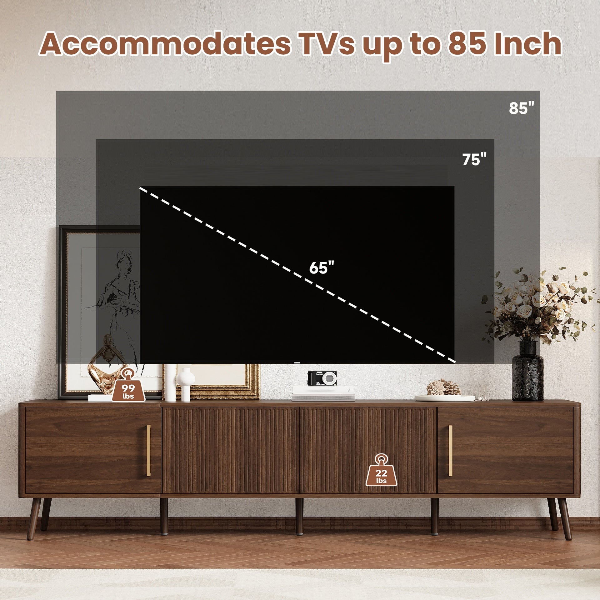 78 inch Modern TV Stand for TVs up to 85", Entertainment Center with Fluted Door & Cable Management, Soft-Closing Hinges, Solid Wood Legs for Living Room