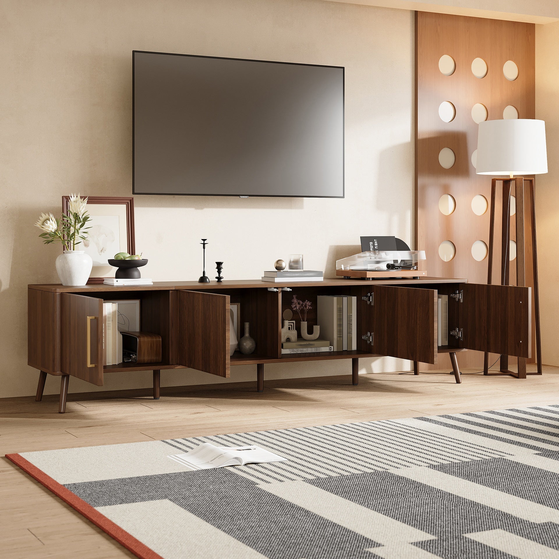 78 inch Modern TV Stand for TVs up to 85", Entertainment Center with Fluted Door & Cable Management, Soft-Closing Hinges, Solid Wood Legs for Living Room