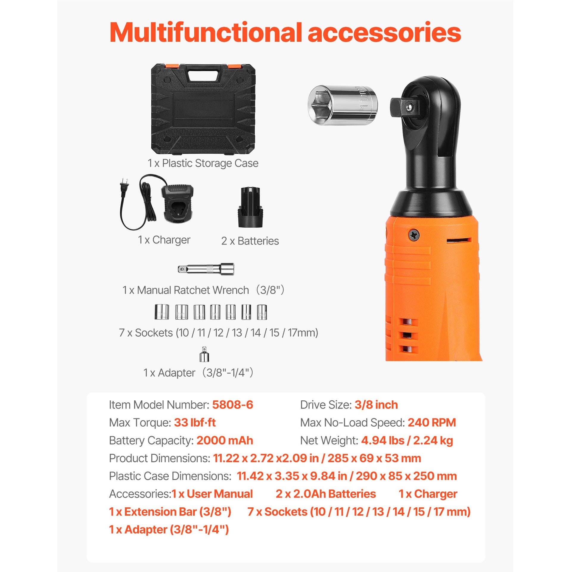 Cordless Ratchet Wrench, 3/8 inch Drive, 240 RPM, up to 33 ft-lbs of Torque, Battery Powered Electric Ratchet Wrench Set with Two 2.0Ah Batteries, Charger, Sockets, Adaptor and Extension Bar