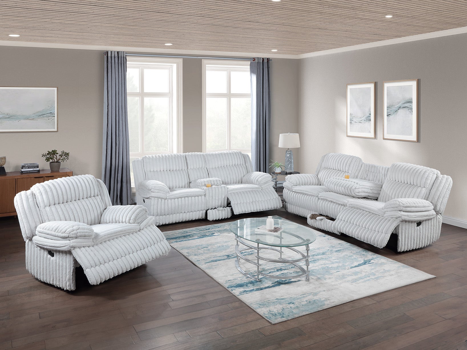 Manual Motion Sofa Recliner Fur-Like Corduroy in Light Gray