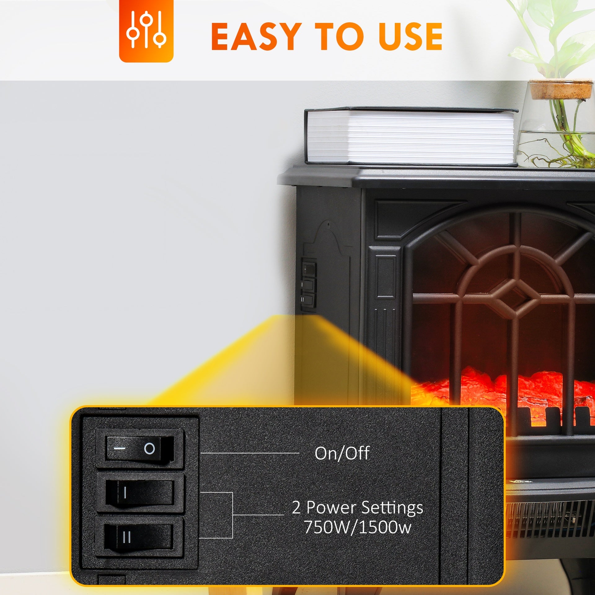HOMCOM Electric Fireplace Heater, Freestanding Fireplace Stove with Realistic Flames Overheating Protection 750W/1500W, Black