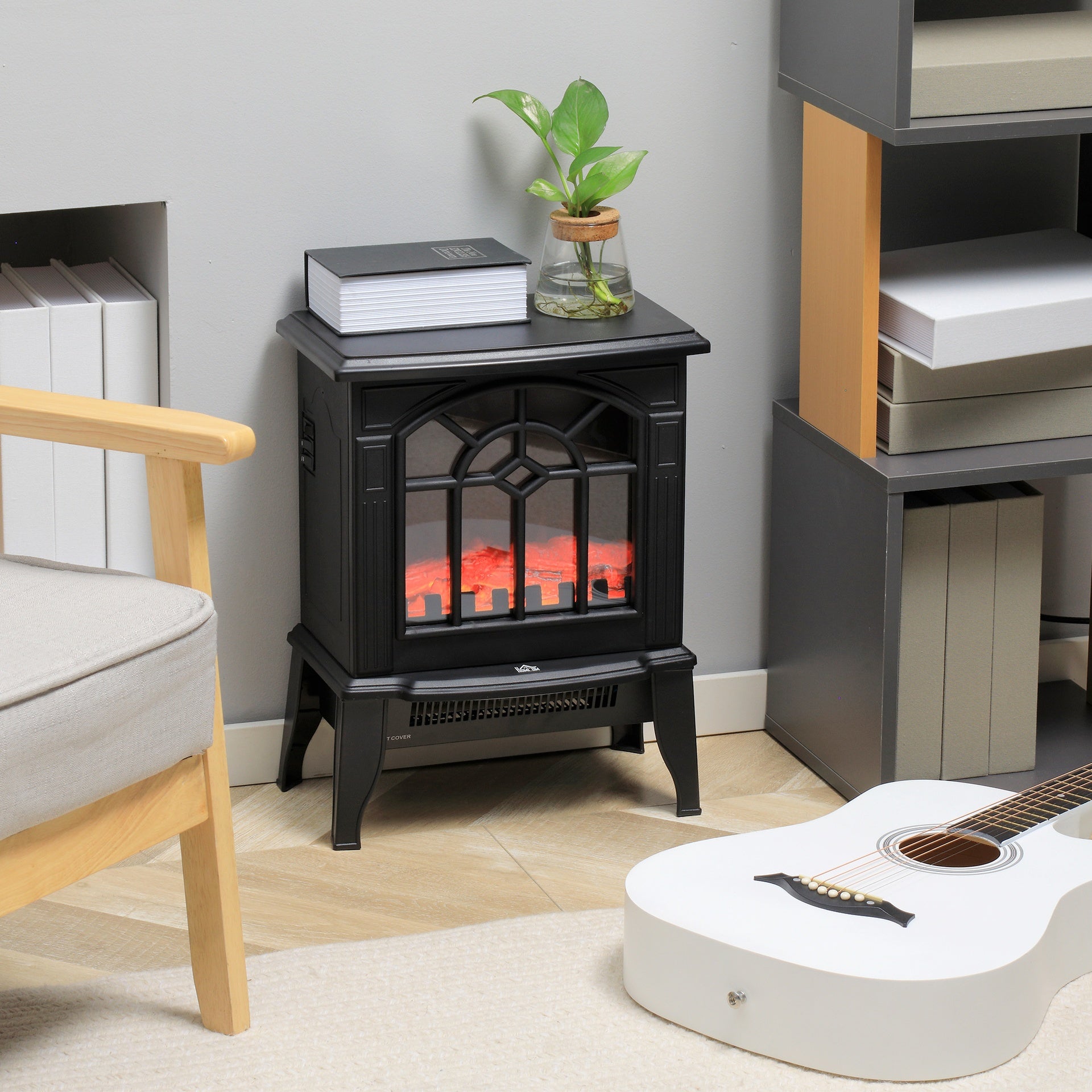 HOMCOM Electric Fireplace Heater, Freestanding Fireplace Stove with Realistic Flames Overheating Protection 750W/1500W, Black