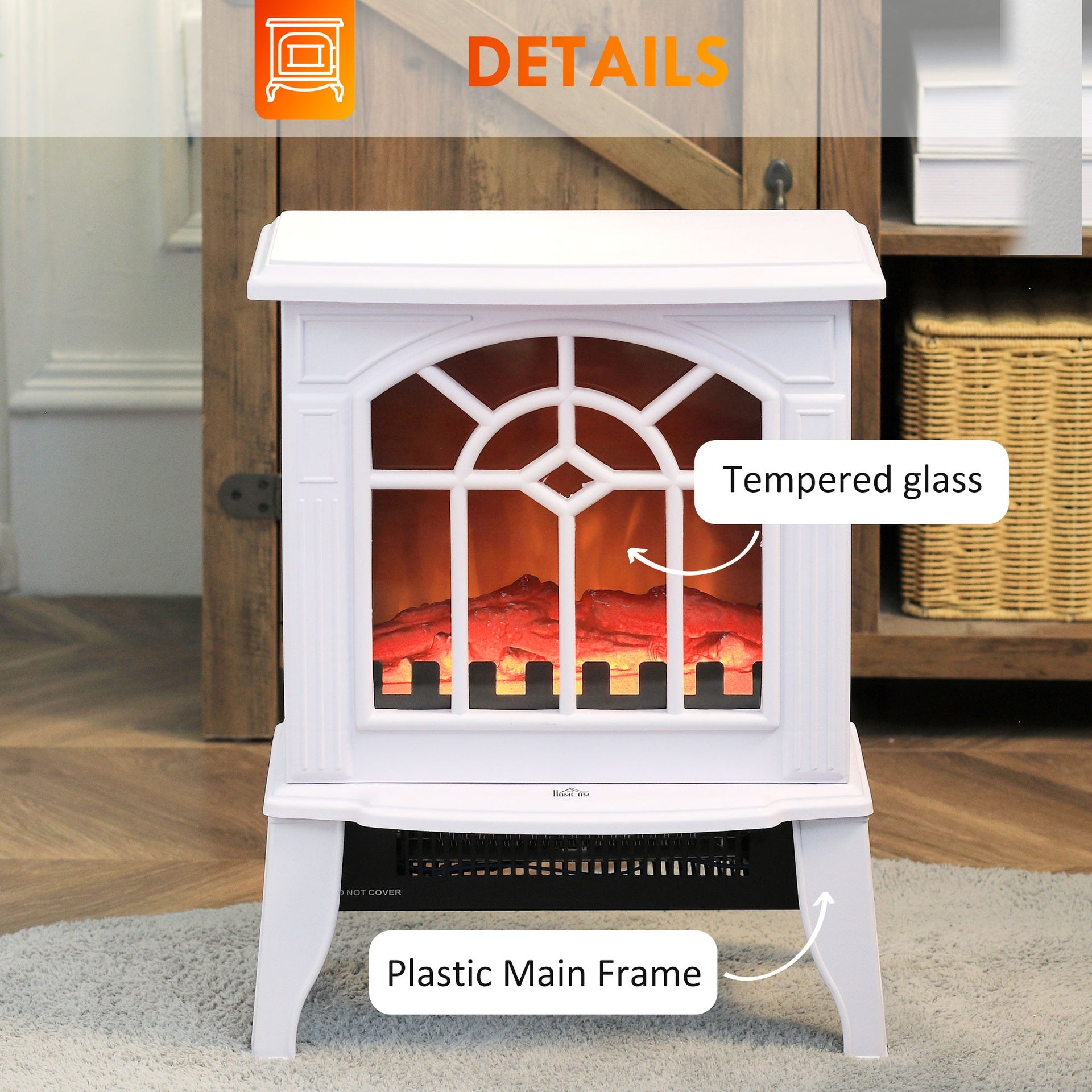 HOMCOM Electric Fireplace Heater, Freestanding Fireplace Stove with Realistic Flames Overheating Protection 750W/1500W, White