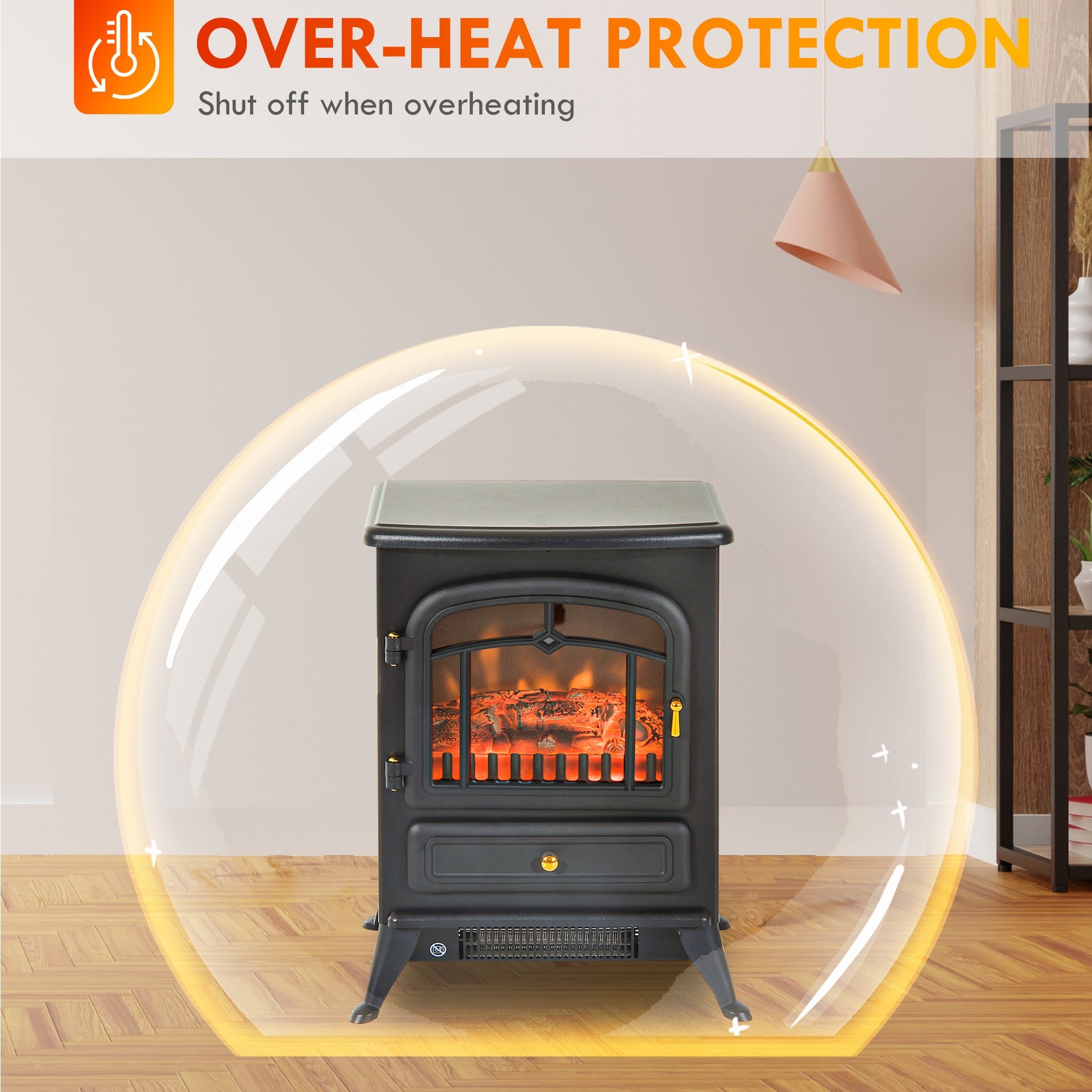 HOMCOM Fireplace Stove, Electric Fireplace Heater with Realistic LED Flames and Logs, 725W/1450W, Black