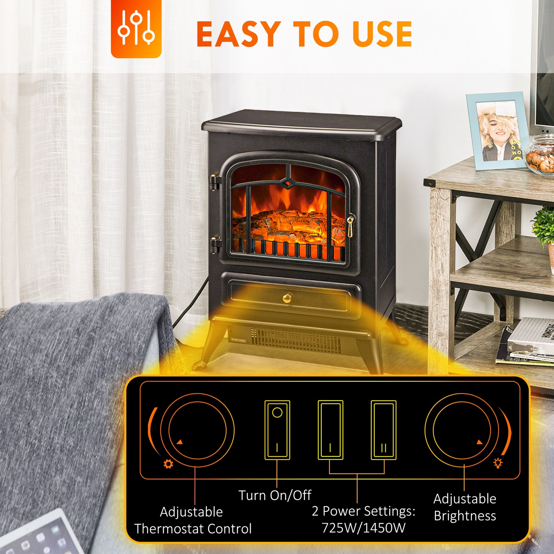 HOMCOM Fireplace Stove, Electric Fireplace Heater with Realistic LED Flames and Logs, 725W/1450W, Black